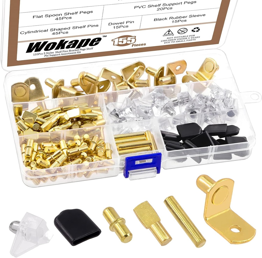 155Pcs 5 Styles Gold Shelf Pins Assortment Kit, Metal Shelf Pins Sets Bracket Pegs Cabinet Furniture Shelf Pins Support Assortment for Shelf Holes, Bookshelf