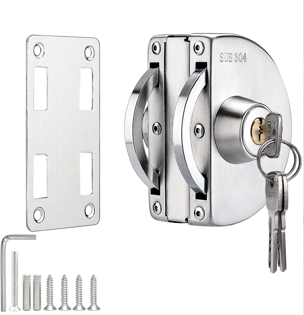 Glass Door Lock, Stainless Steel Anti-Theft Door Lock Security,Double Swing Hinged Frameless Push Sliding Door Lock with 3 Keys