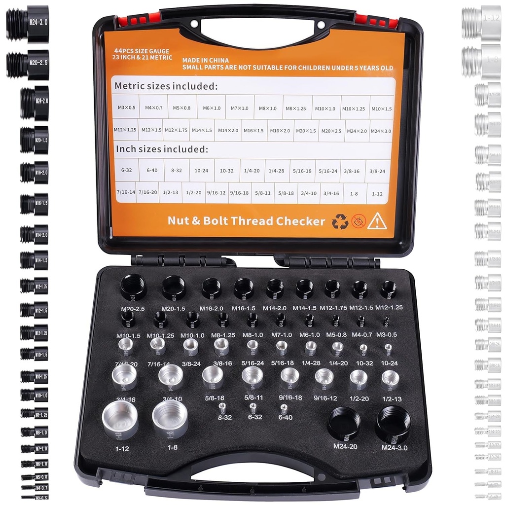 Nut and Bolt Thread Checker，44 PCS Nut and Bolt Size Gauge- 23 Inch & 21 Metric New Individually Assembled Thread Gauge Specially Suitable for Size Check on Tricky and Narrow Area