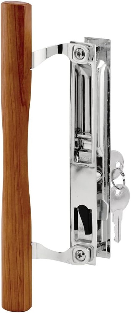 Prime-Line C 1149 Keyed Sliding Glass Door Handle Set – Replace Old or Damaged Door Handles Quickly – Wood & Chrome Plated Diecast, Hook Style, Flush Mount, Fits 6-5/8 In. Hole Spacing (1 Set)
