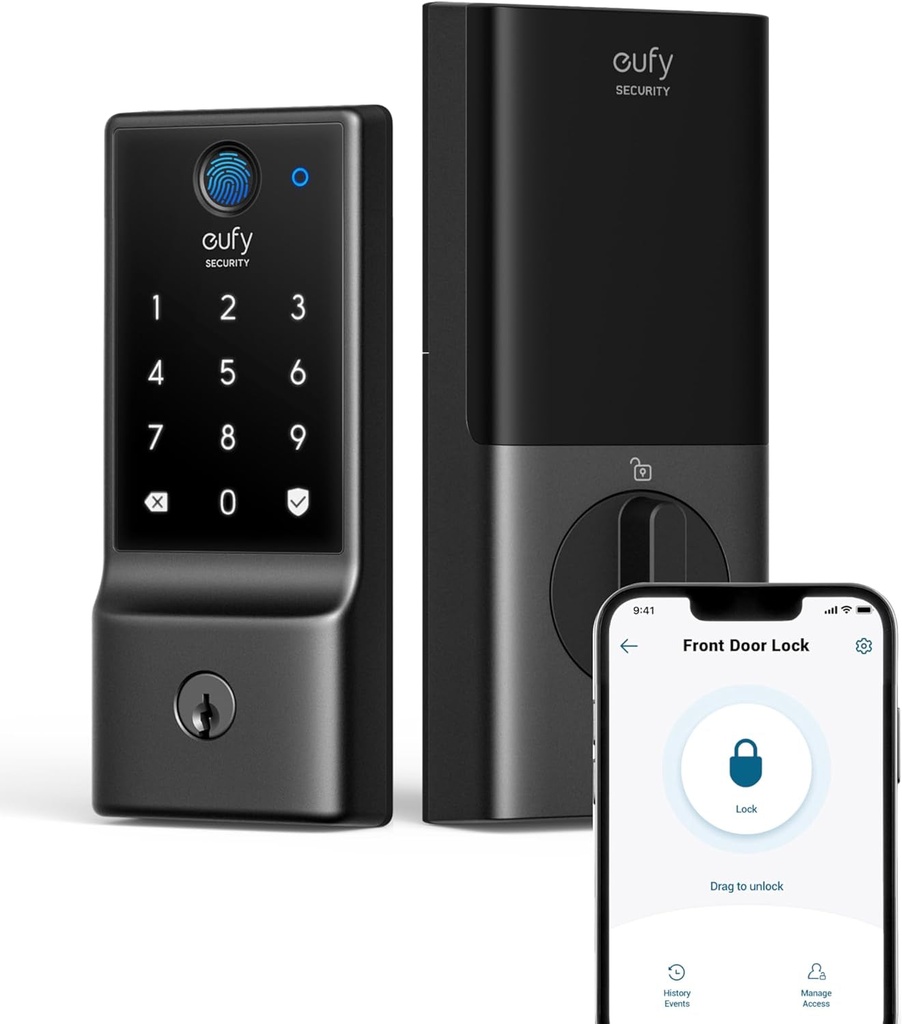 Eufy Security Smart Lock C220, Fingerprint Keyless Entry Door Lock, Built-In Wi-Fi, App Remote Control, Front Door Smart Lock Deadbolt, 8Months Battery, Reliable Power, IP53 Waterproof, BHMA Grade 3