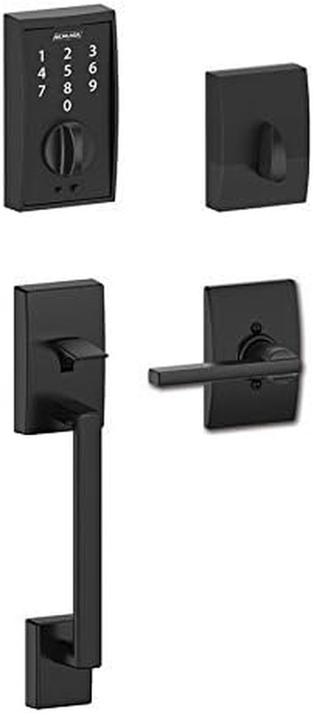 Schlage Touch FE375-CEN-622-LAT Matte Black Keyless Touchscreen Deadbolt with Century Trim Paired with Century Handleset and Latitude Lever with Century Trim Entry Door Handleset
