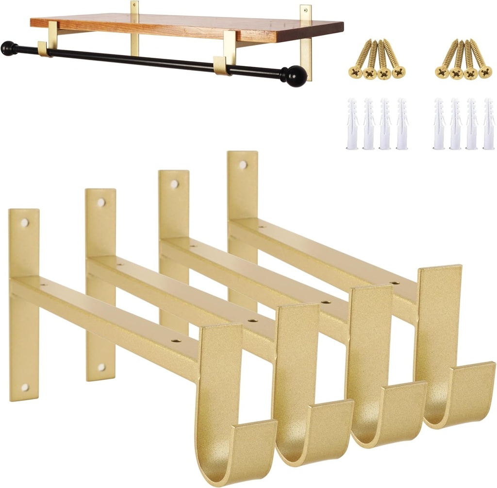 Addgrace Shelf Brackets with Hook, Gold Shelf Brackets 10Inch, 4Pcs Wall Mounted Heavy Duty Shelf Brackets, Industrial Iron Shelf Supports (Gold) 10"