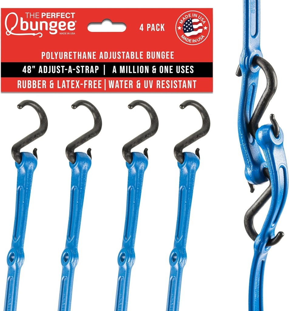 The Perfect Bungee 48" Adjust-A-Strap, Adjustable Heavy Duty Polyurethane Bungee Strap, Heavy Duty Nylon Hooks, Made in USA, 4 Pack, Blue