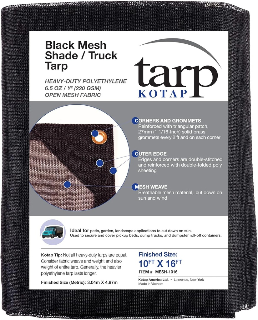 Kotap MESH-1016 Mesh, 6.5 Oz/Sq Yard Reinforced Shade/Truck Tarp for Debris, Partial Sun Coverage, Air Flow/Breathability, Size: 10 X 16', Black