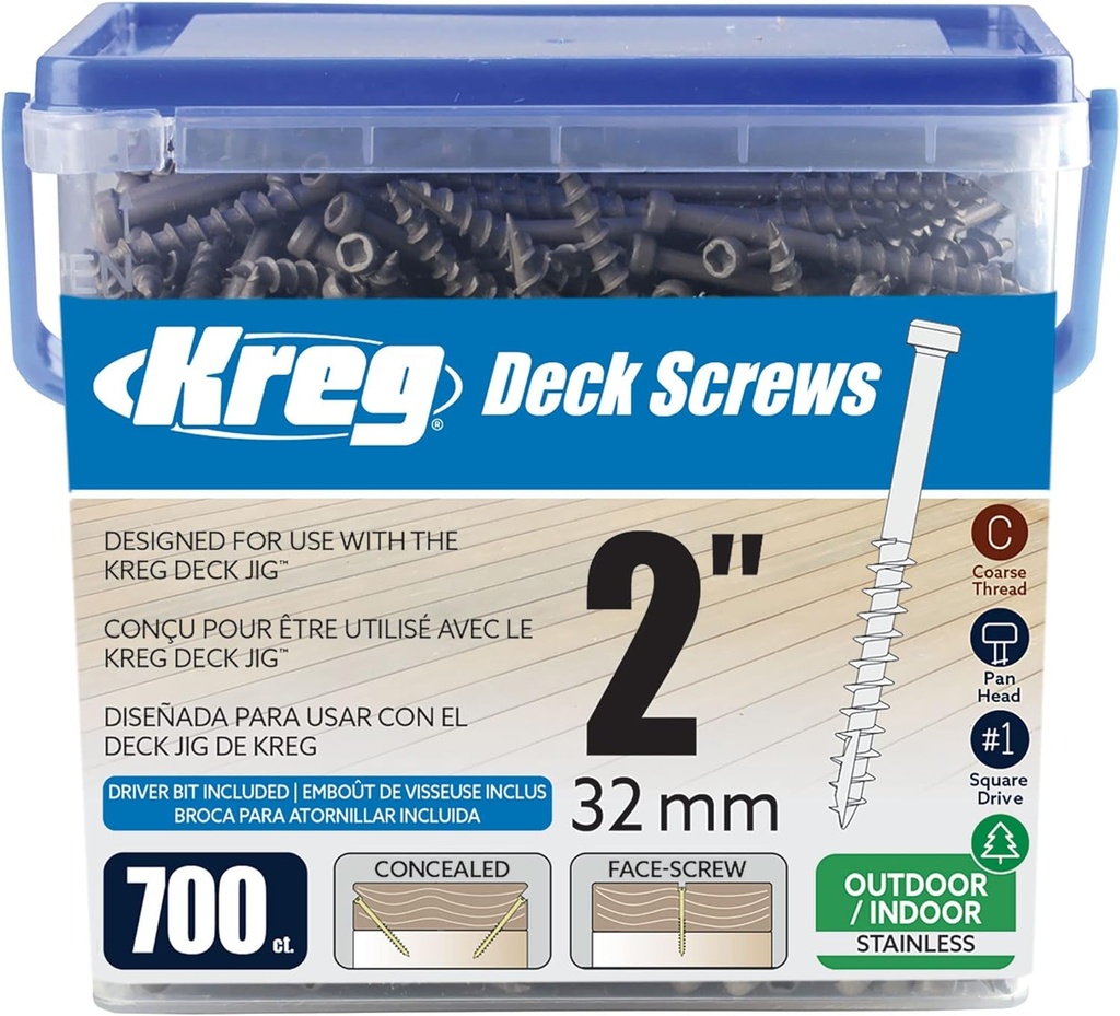 Kreg SDK-C2SS-700 Stainless Steel Deck Screws, 2-Inch, 8 Coarse Thread, Compact Head (700 Count)