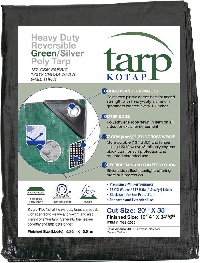 Kotap 20 X 35 Ft. Heavy-Duty Protection/Coverage Tarp, 8-Mil, Reversible, Multi-Use, Waterproof, Green-Silver, 1-Pack (TGS-2035)
