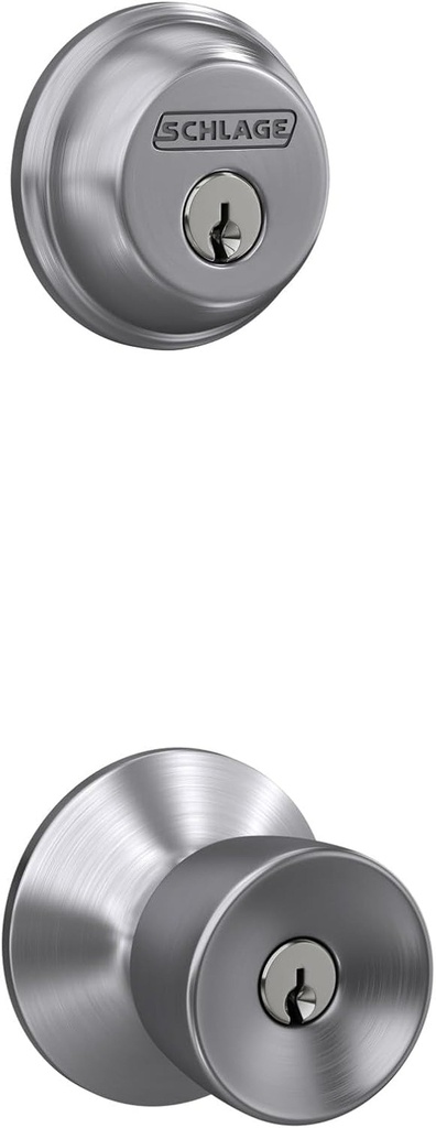 Schlage FB50VBEL626 Deadbolt and Bell Knob 1 Side, Highest Residential Security, Keyed Entry Lock, None, Satin Chrome