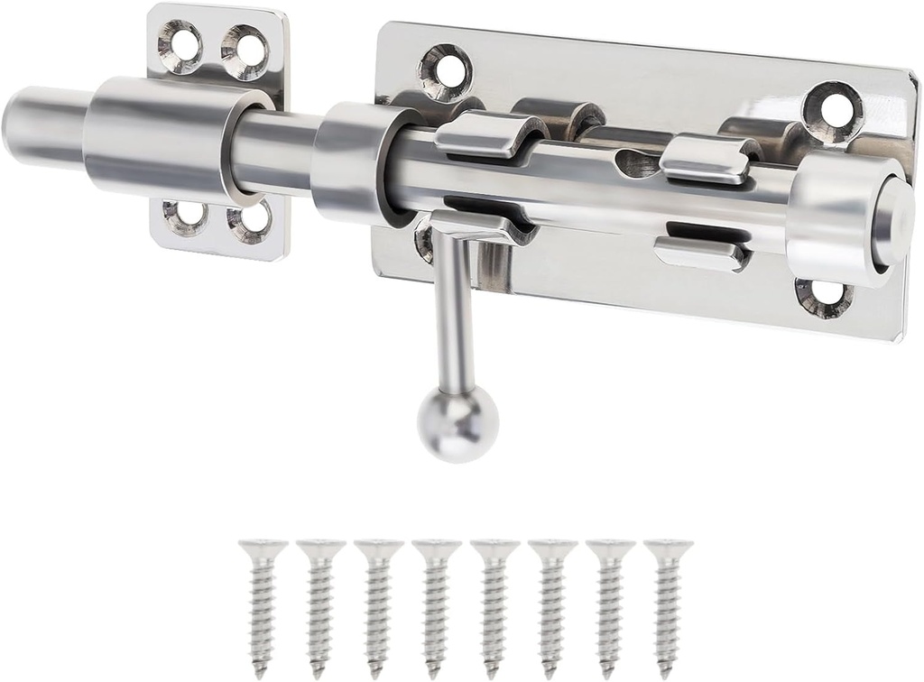 Barrel Bolt Door Latch, 6.3 Inch 304 Stainless Steel Gate Barn Lock Latch with 9 Mm Padlock Hole, Heavy Duty Slide Door Lock (Silver, 6Inch(1 Pack))