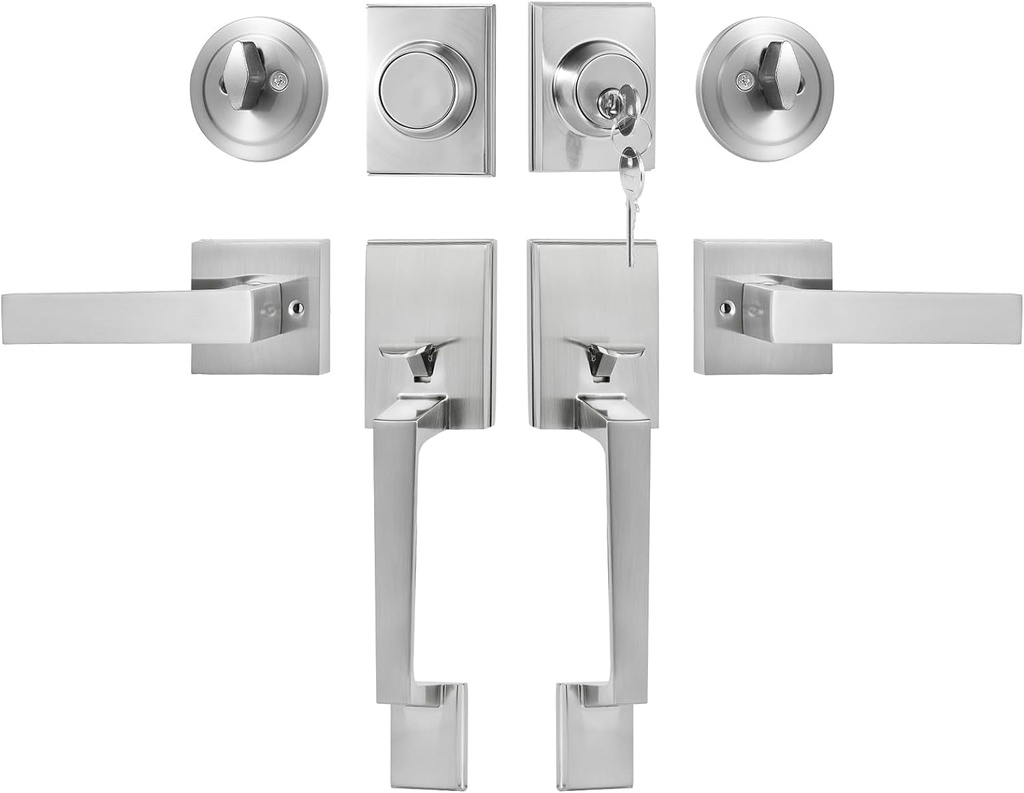 VEVOR Double Door Handle Set, Double Door Lock Set with Reversible Handle Lever, Satin Nickel Square Door Lever, Heavy Duty Double Front Door Handle Set with Dummy, for Front Door or Office Door