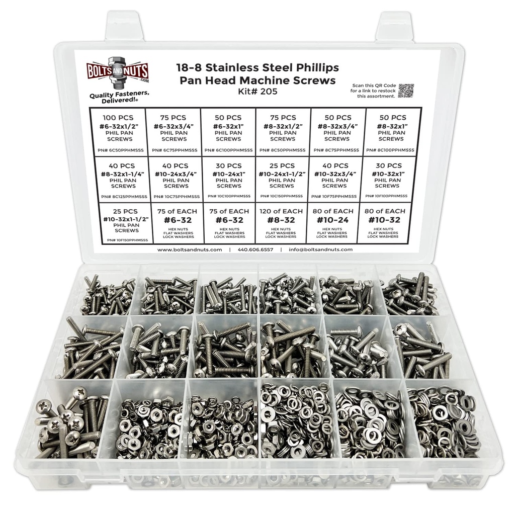 Stainless Steel Phillips Pan Head Machine Screws Bolts Nuts Washers Assortment Kit - 1921 Pcs!