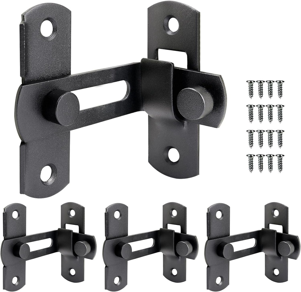 90 Degree Flip Door Sliding Latches,4 Packs Black Security Hook Gate Latch for Barn, Garden, Bathroom, Outdoor, Right Angle Curved Door