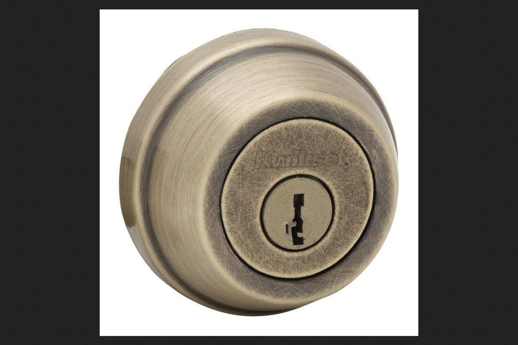 Kwikset Gatelatch Deadbolt Lock, Antique Brass round Keyed on Exterior and Interior Front Entry Door, Pick Resistant Smartkey Rekey Security, Double Cylinder Dead Bolt, with Microban Protection