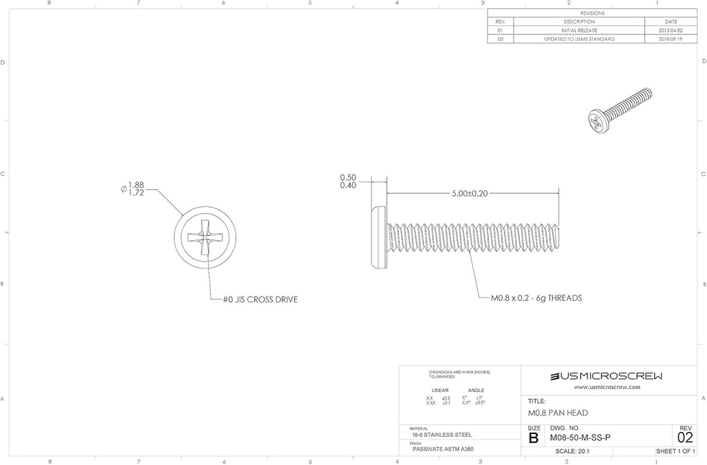 M0.8-0.2 X 5Mm Machine Screw Stainless Steel Pan Head Phillips Drive (100 Pcs) - M08-50-M-SS-P