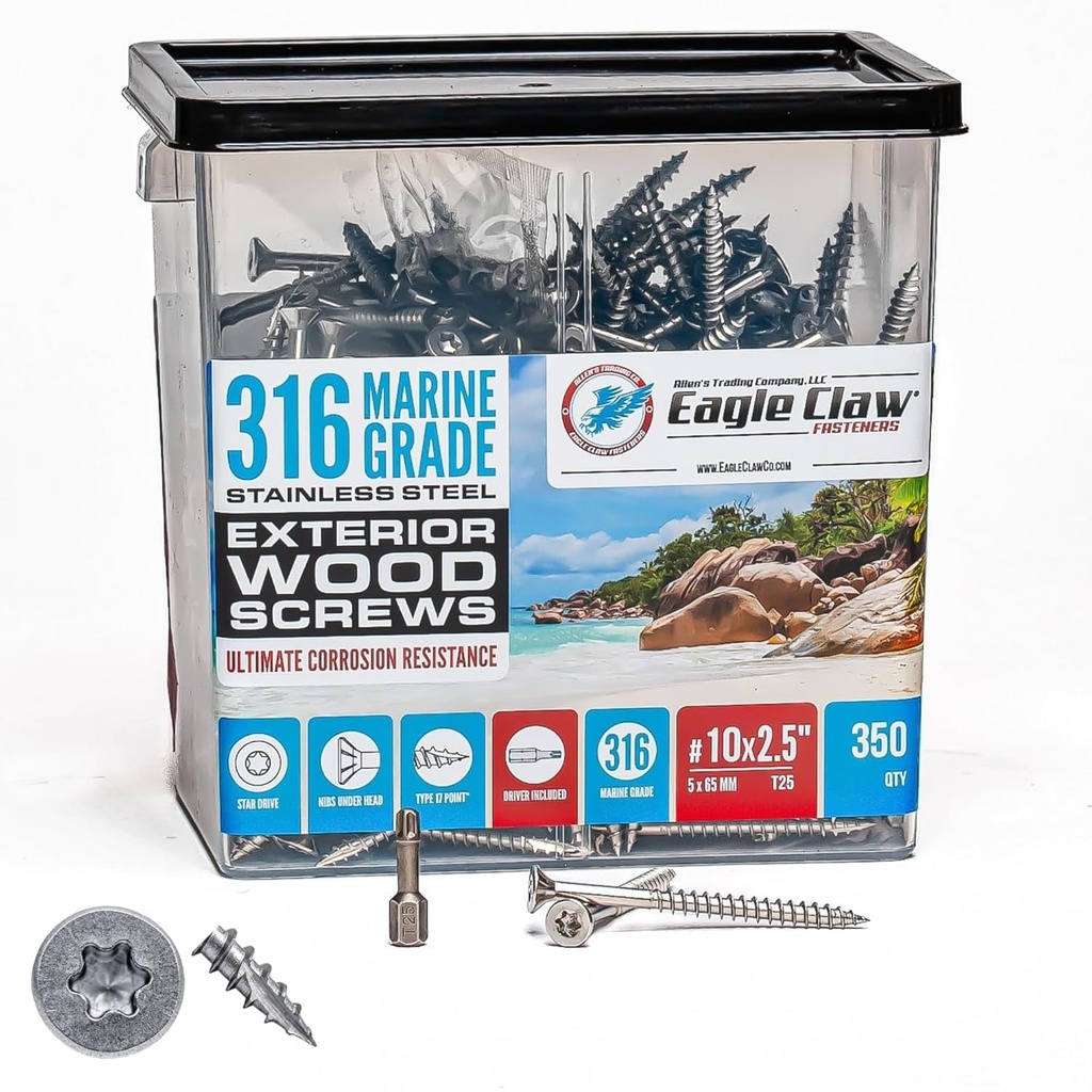#10 X 2 1/2 Inch 316 Marine Grade Stainless Steel Wood Screws | 350 Pieces T25 Star Drive Type 17 Point | High Corrosion Resistance for Saltwater Coastal Marine Construction by Eagle Claw Fasteners