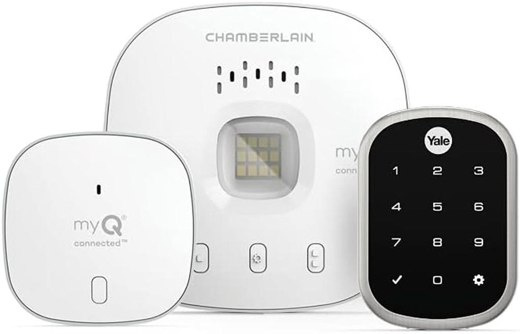Yale | Liftmaster Smart Touchscreen Deadbolt (Satin Nickel) & Myq Chamberlain Smart Garage Door Hub, Bundle