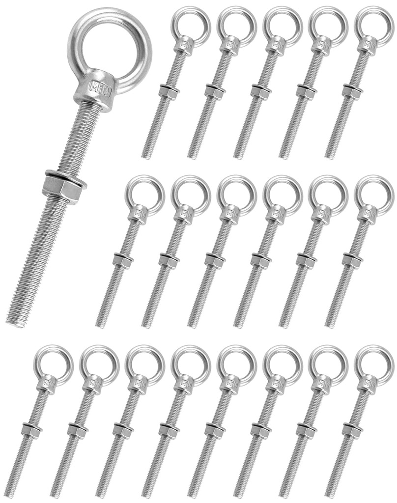 QWORK Threaded Eyebolts, 20 Pack 3/8" X 4" Long Stainless Steel Marine Grade Shoulder Eye Bolt, M10X100Mm