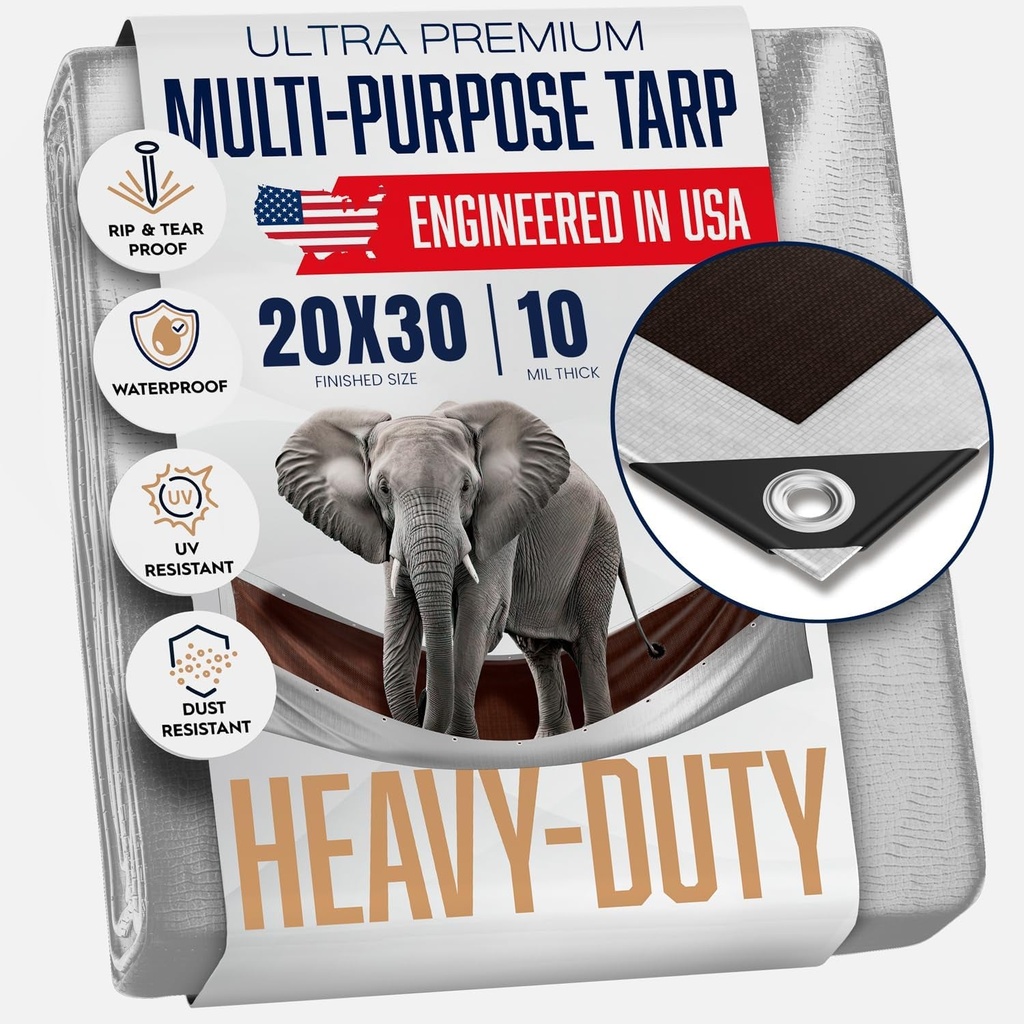 20X30 Heavy Duty Tarp, 10 Mil Thick, Waterproof, Tear & Fade Resistant, High Durability, UV Treated, Grommets Every 18 Inches. (Silver/Brown - Reversible) (20 X 30 Feet)