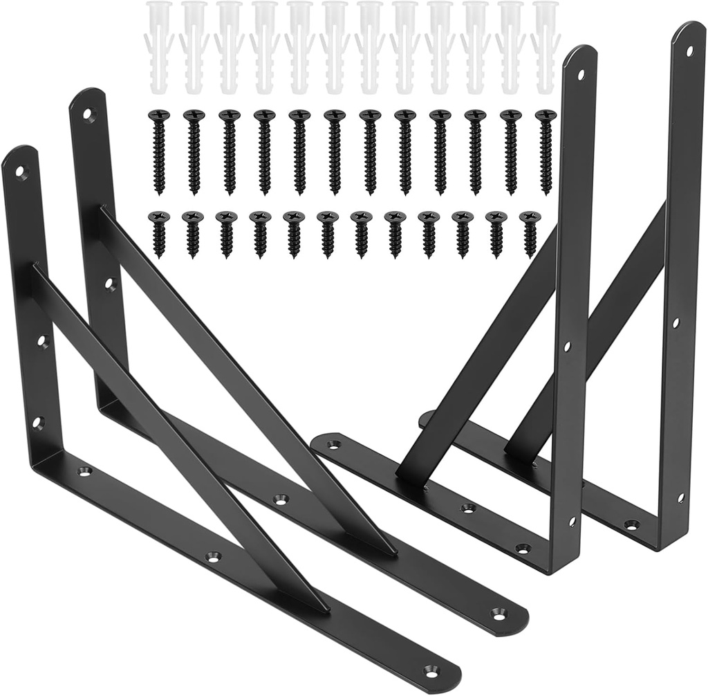 4 Pcs Heavy Duty Shelf Brackets for Wall Brackets for Shelves, Black Metal Floating Shelf Brackets, Triangle Shelving Brackets, Angle Shelf Support Brackets for Shelves (Black12X7.87X0.98Inch)
