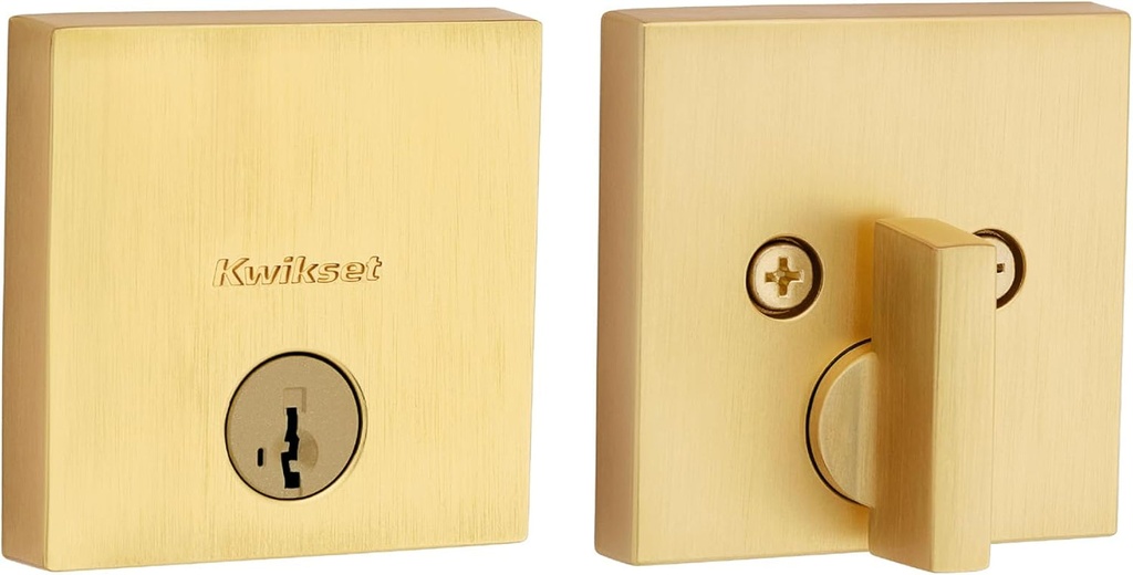 Kwikset Downtown Deadbolt Lock, Satin Brass Square Exterior Keyed Front Entry Door, Pick Resistant Smartkey Rekey Security, Single Cylinder Dead Bolt, with Microban Protection