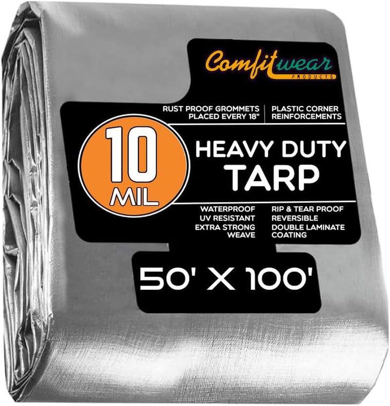 Super Heavy Duty Tarp Cover Reinforced Grommet Multi-Purpose Pool Cover Boat Tarp Camping Tarp UV Resistant Waterproof Tarpaulin Canopy Tent Waterproof Tarp Cover (BLACK-SILVER, 50' X 100')