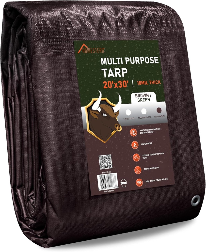 Olympia Tools Heavy Duty 18 Mil Tarp Cover with Metal Grommets and Reinforced Edges, Waterproof & UV Resistant Tarpaulin - Brown/Green - 20' X 30'