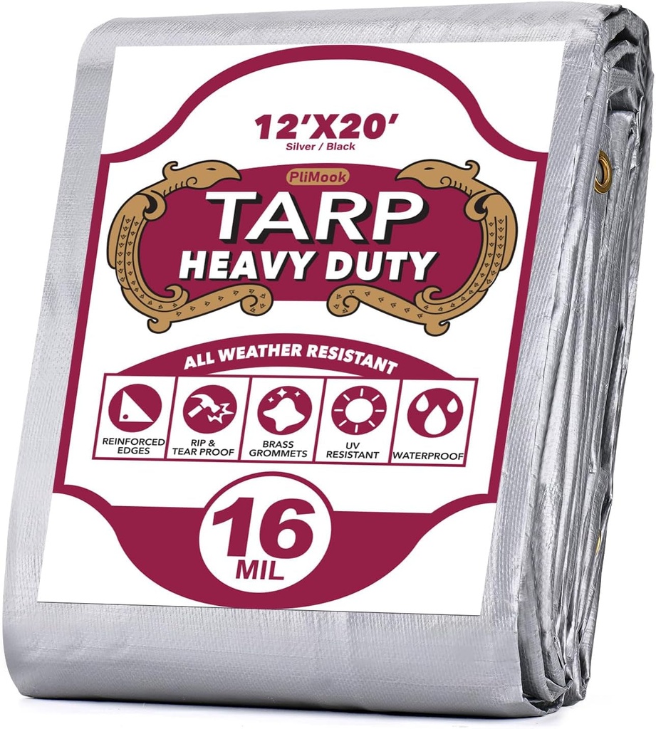 Tarp 12X20Ft, 16 Mil Heavy Duty Large Tarps, Waterproof Tarp Cover with Brass Grommets and Reinforced Edges, UV Resistant, Rip & Fade Proof, Large Tarp for Shelter Camping Car Tent