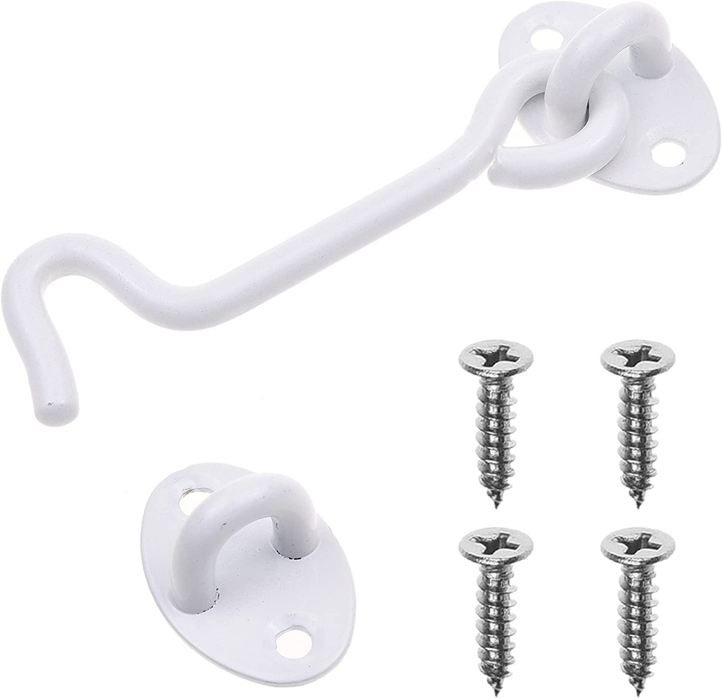 Eco-Fused 4-Inch Heavy Duty Hook and Eye Latch - 1X Barn Door Lock (White), 4X Mounting Screws - Powder Coated Stainless Steel Hooks for Door, Windows, Sheds, Fences, Gates, Closets, Cabinets
