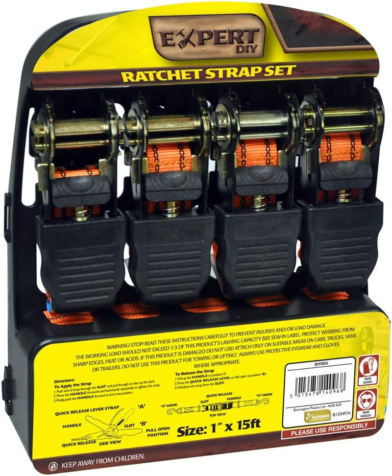 Kingfisher DIYRS4 1-Inch X 15 Ft Ratchet Straps - Orange (Pack of 4)