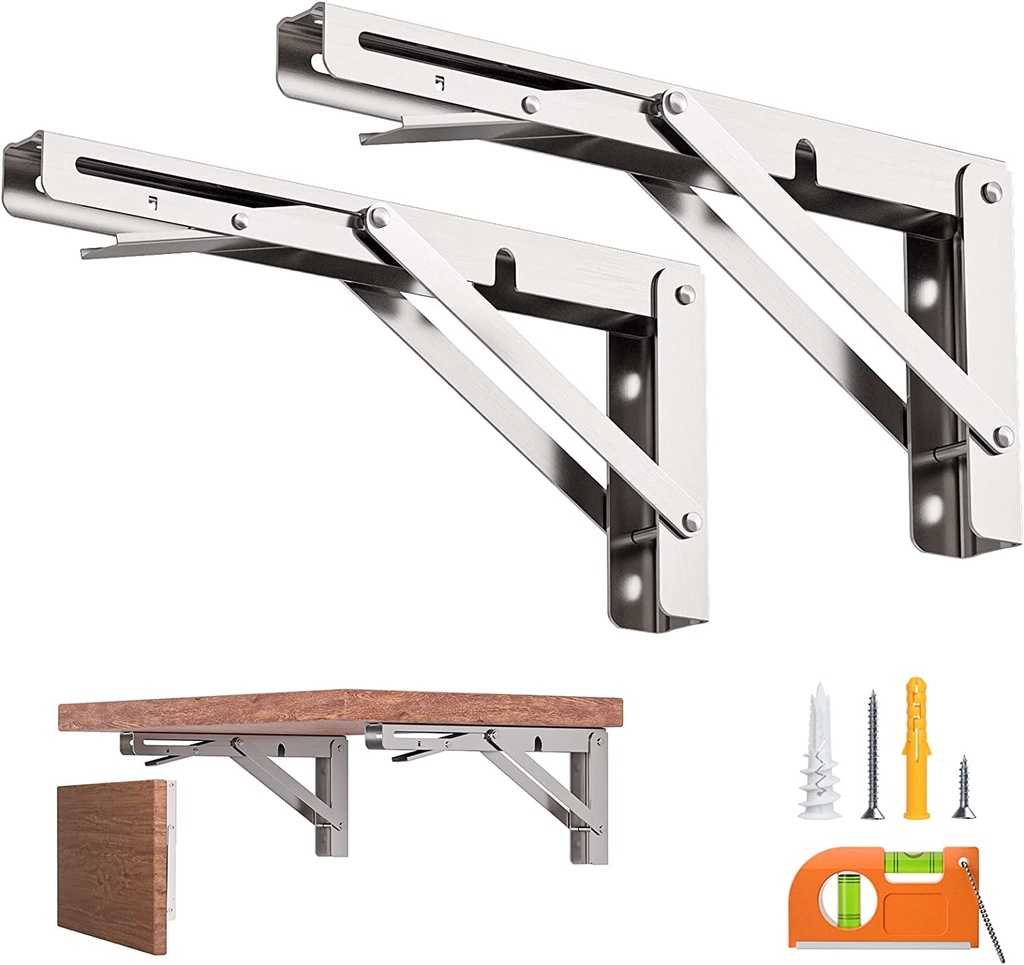 8-Inch Foldable Brackets for DIY Folding Shelves or Tables, L Shelf Brackets Collapsible, Heavy Duty Stainless Steel, Max Load 300Lbs, Silver, 2 Pcs