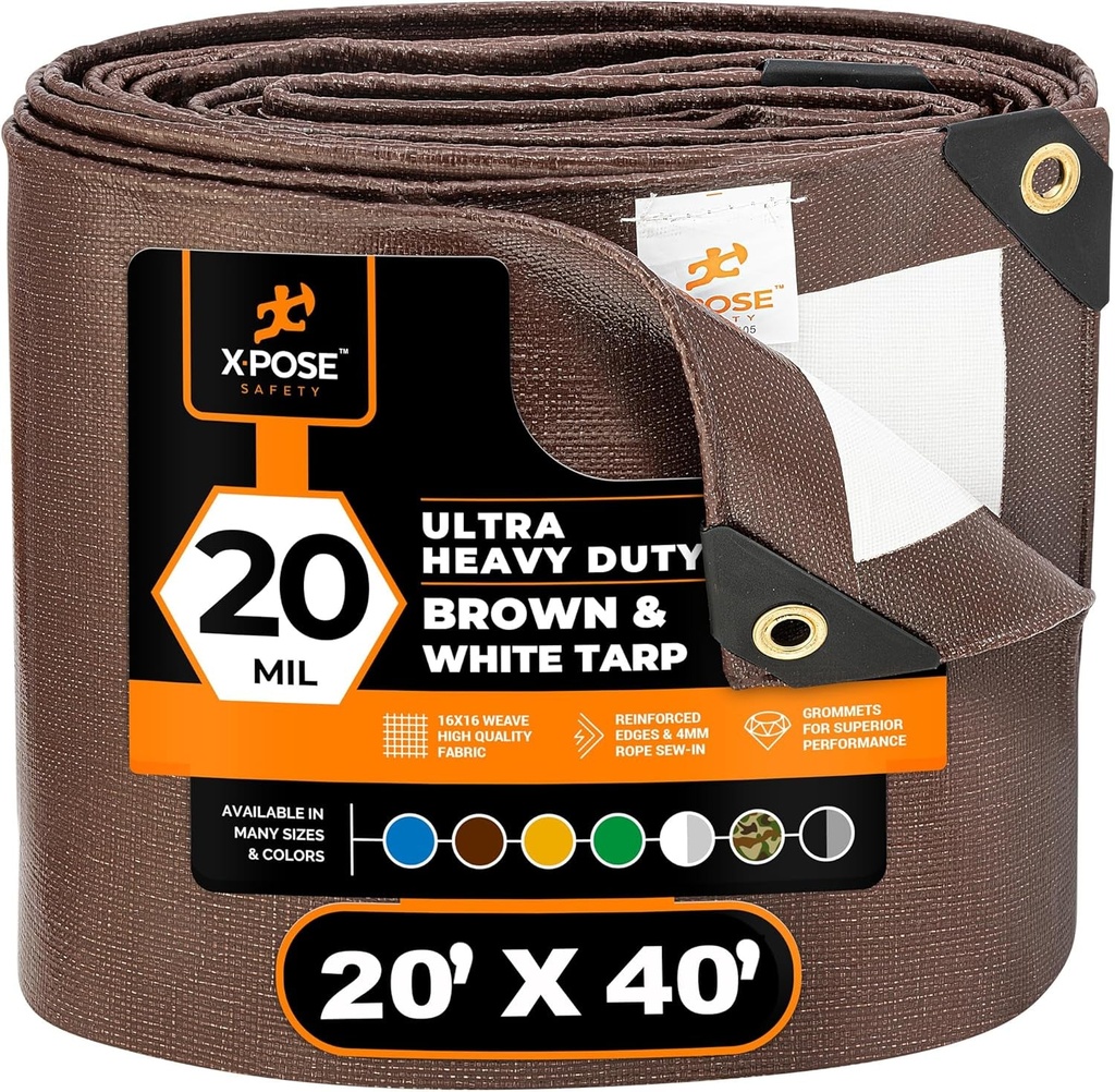 20' X 40' Brown/White Ultra Heavy Duty Tarp - 20 Mil Tarps Heavy Duty Waterproof 20X40 - Extra Large Outdoor Tarp, Waterproof Tarp Cover for Rain Camping, Tent Tarp, UV Protection, Reinforced Corners