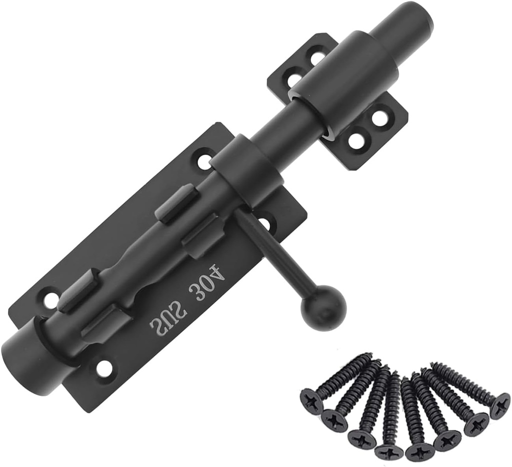 Slide Bolt Gate Latch Thickened 304 Stainless Steel Barrel Bolt Lock Heavy Duty Barn Door Latch Lock Black Safety Gate Latch with Padlock Hole for Outdoor Wooden Fence Yard Shed Basement