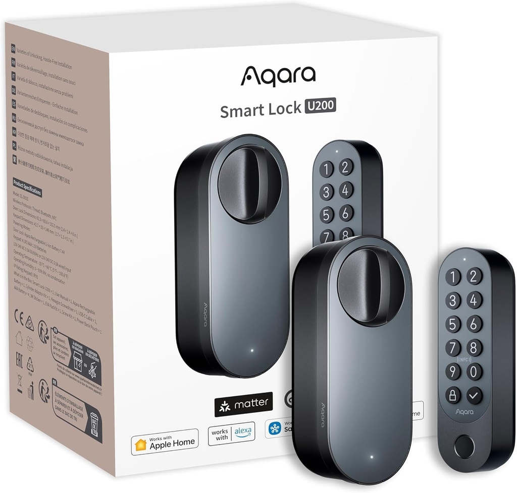 Aqara Smart Lock U200 (Fingerprint Keypad Included), Matter over Thread, Keyless Entry Door Lock with Apple Home Key and Rechargeable Battery, Supports Apple Home, Alexa and Smartthings, Black