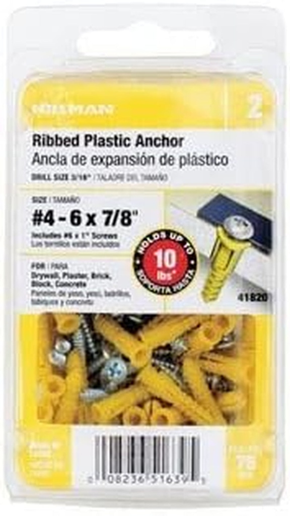 Hillman Fasteners 75Pk 4-6-8 Plas Anchor (Pack of 5) 41 Anchors Screws Plastic