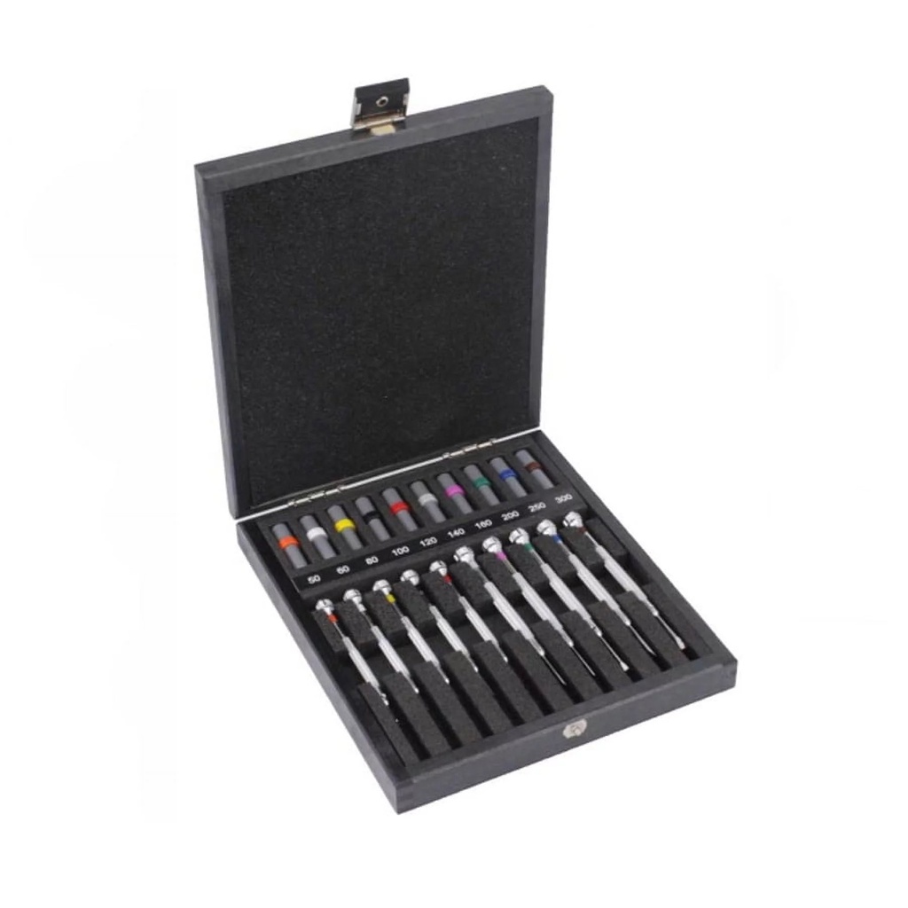 Bergeon 30080-A10 Set of 10 Chrome Screwdrivers in Wooden Box with Spare Blades