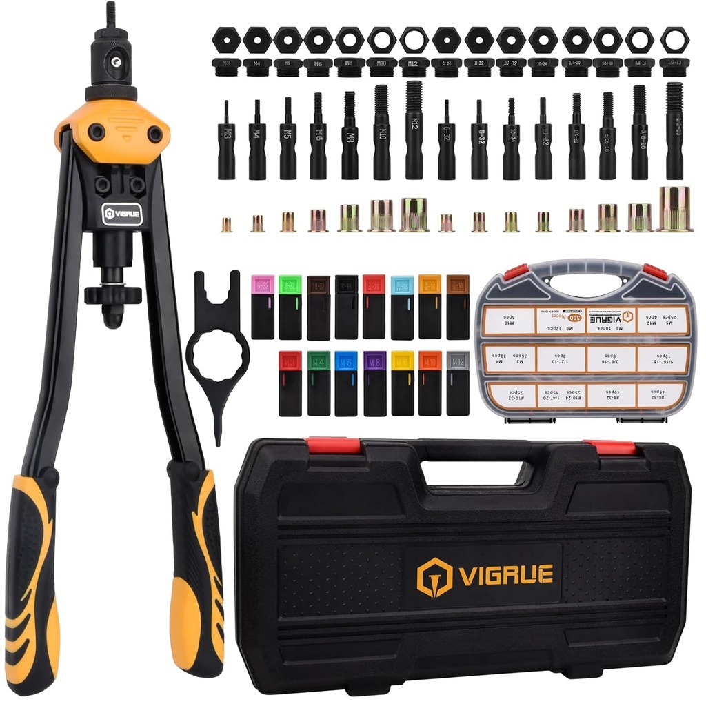 VIGRUE 16'' Rivet Nut Tool Kit Nutserts Rivnut Hand Tool Set with 15PCS Metric & Inch Mandrels M3 to M12, 6-32 to 1/2-13 and 300PCS Metric & SAE Rivet Nuts Assortment