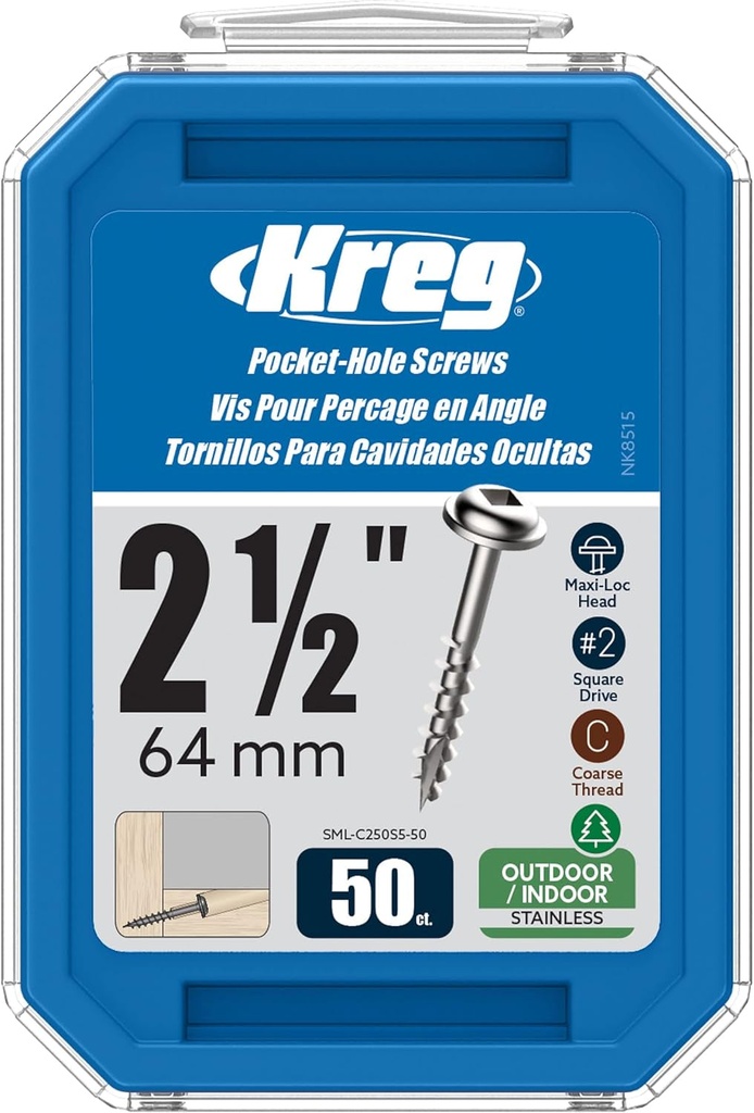 Kreg SML-C250S5-50 Stainless Steel Pocket Screws, 2-1/2 Inch #10 Coarse, Maxi-Loc Head (50 Count)