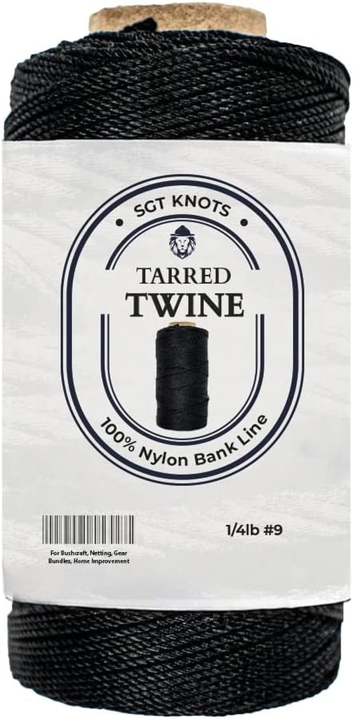 SGT KNOTS Tarred Twine - 100% Nylon Bank Line for Bushcraft, Netting, Gear Bundles, Construction, Lacing Twisted Cord, Weatherproof #9-1/4Lb 48Pack
