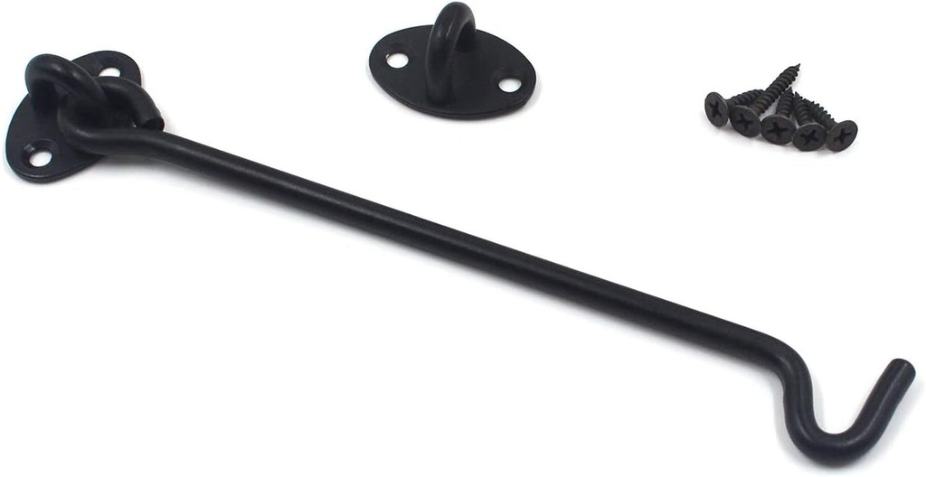 Geesatis Eye Latch Lock Wind Proof Window Cabin Hook, Heavy Duty, Security, Thicken Solid Stainless Steel Gate Latch Lock, Black, 6 Inch, 1 Pack, with Mounting Screws