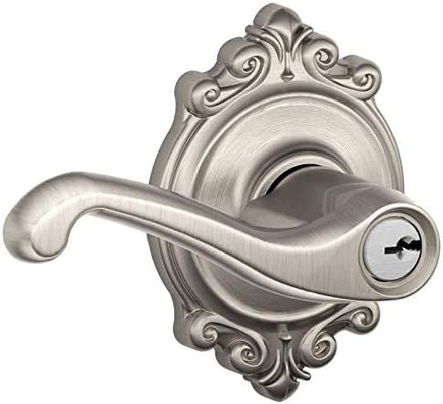 Schlage F51AFLA619BRK Satin Nickel Flair Keyed Entry F51A Panic Proof Door Lever with Brookshire Rosette