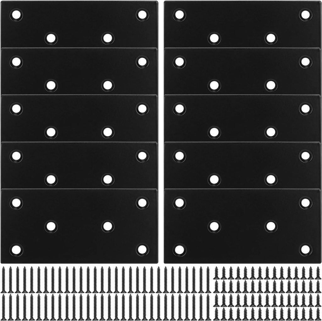 Mending Plate, Metal Steel Flat Straight Brace Bracket, Black Double-Wide Joining Plate for Wood Furniture Fastening & Fixing with 2 Sets of Screws of Different Lengths(48X100Mm, 8 Pack)