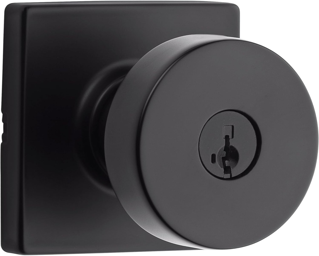 Kwikset Pismo Entry Door Knob with Lock and Key, Secure Keyed Handle Exterior, Front Entrance and Bedroom, Matte Black, Pick Resistant Smartkey Rekey Security and Microban, Square Rose