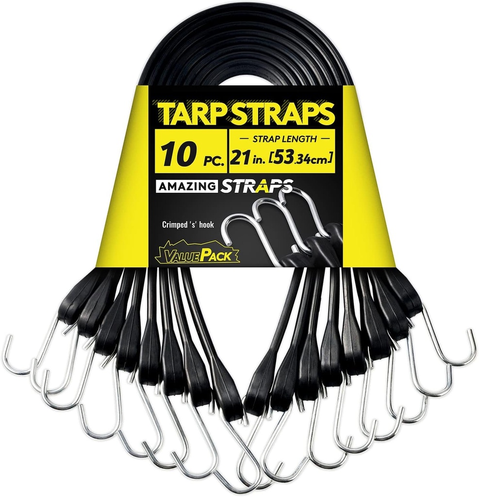 21'' Rubber Bungee Cords Heavy Duty Outdoor with 37.8" Max Stretch & over 176 Lbs Load, 100% EPDM Black Bungee Straps with Crimped S Hooks for Cargo, Tarps, Truck, Motorcycle, Weatherproof (30 Pack)
