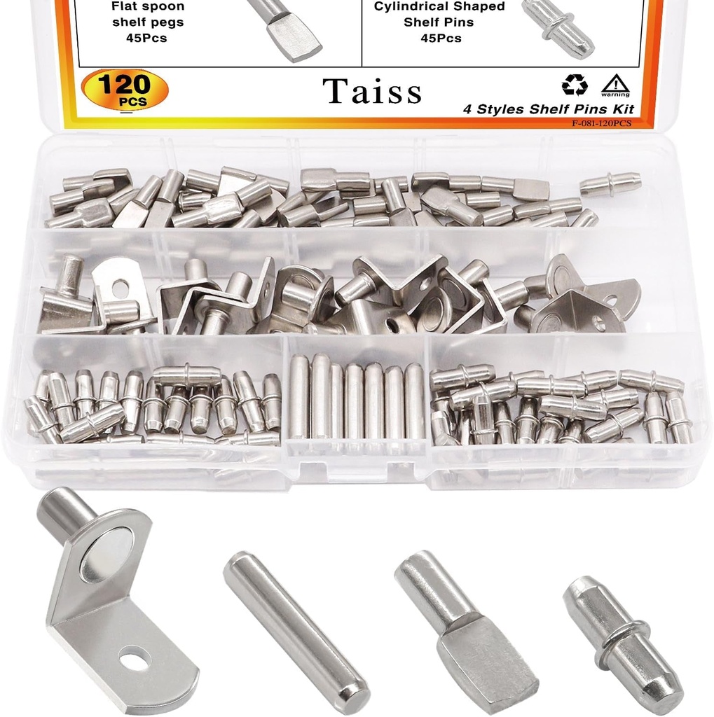 Taiss 120PCS Shelf Pins Kit 4 Styles,Nickel Plated Shelf Support Pegs,Shelf Bracket Pegs,Bookshelf Pegs,Shelf Holders Pegs,Kitchen Cabinet Shelf Pegs for Shelves Kitchen Furniture and Closet