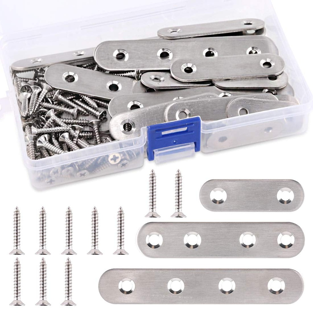 115Pcs 3 Sizes Stainless Steel Flat Straight Brace Brackets Metal Shelf Support Brackets Joining Plate with Screws Perfect for Mending Repair Plates Fixing Bracket Connector - 50Mm/ 80Mm/ 100Mm