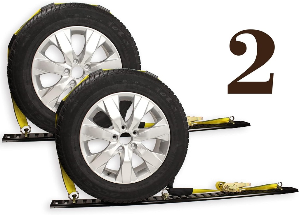 DC Cargo 2-Pack Wheel Straps with E-Track Fittings and 3 Rubber Blocks | 11’ X 2” Auto Hauler Ratchet Strap with Rubber Cleats for Towing a Car, ATV, UTV or Van