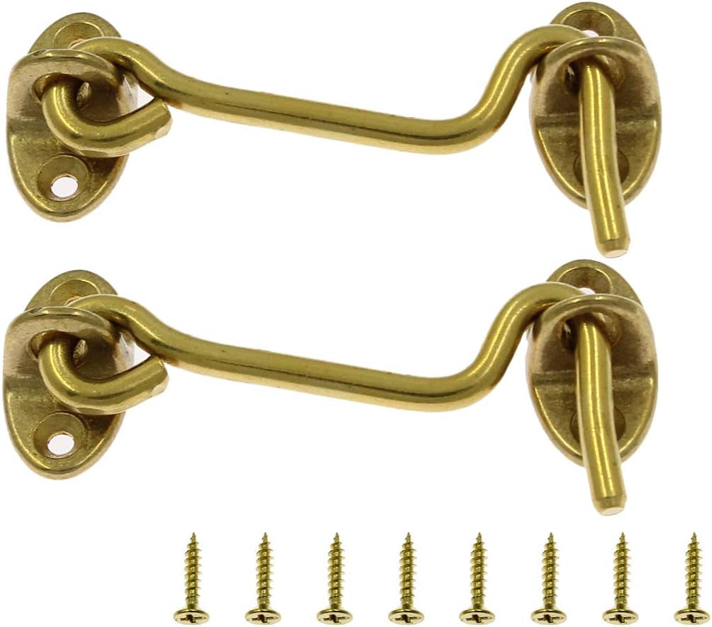 2Pcs Solid Brass Barn Door Lock 3 Inch Privacy Cabin Door Hook Latch & Eye for Bathroom Wooden Fences (Gold)