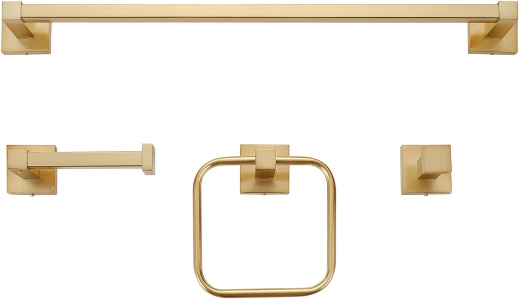 Globe Electric 65562 Dakota 4-Piece Bathroom Hardware Accessory Kit, Matte Brass, Towel Bar, Towel Ring, Robe Hook, Toilet Paper Holder