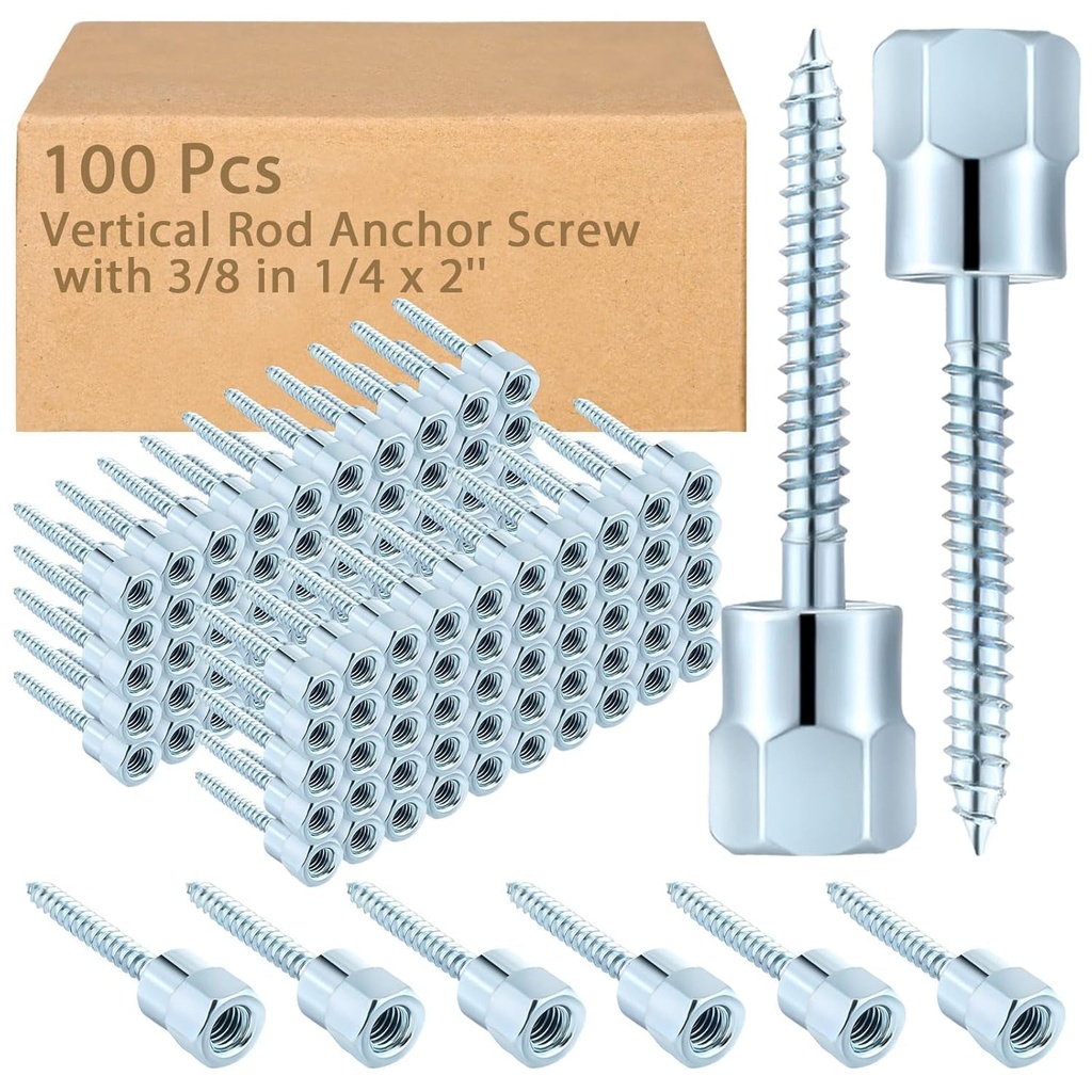 Gisafai 100 Pcs Vertical Rod Anchor Screw with 3/8 in 1/4 X 2'' Screw Threaded Rod Fitting Threaded Rod Hanger for Wood