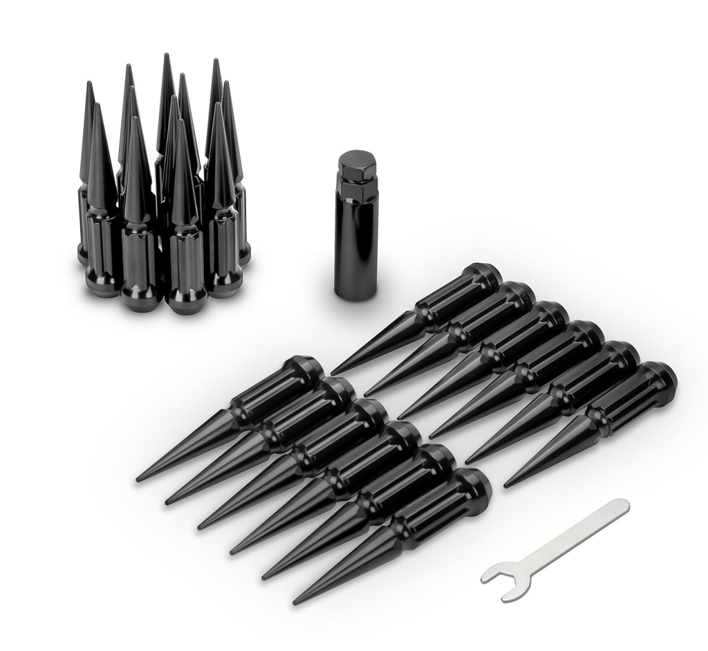 KSP M14X1.5 Large Spike Lug Nuts, 24Pcs Two-Piece Mega Pointy Spiked Lug Nut for Silverado Sierra Ram 1500 F150, 5" Black Spline Bullet Nut for 6 Lug Off-Road Pickup&Truck with 1 Socket